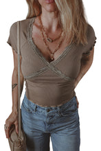 Load image into Gallery viewer, Dark Brown Lace Splicing Criss Cross Slim Fit V Neck T Shirt