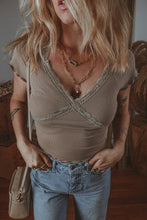 Load image into Gallery viewer, Dark Brown Lace Splicing Criss Cross Slim Fit V Neck T Shirt