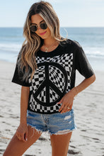 Load image into Gallery viewer, Black Checkerboard Peace Sign Printed Round Neck T Shirt