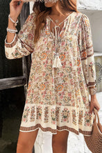 Load image into Gallery viewer, Apricot Floral Print Tassel Drawstring V Neck Loose Mini Dress