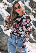 Load image into Gallery viewer, Pink Mesh Floral Print Mock Neck Long Sleeve Slim Top