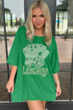 Load image into Gallery viewer, Bright Green Rhinestone Lucky Poker Cards Oversized T Shirt Mini Dress
