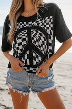 Load image into Gallery viewer, Black Checkerboard Peace Sign Printed Round Neck T Shirt