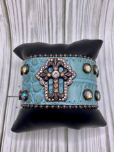 Load image into Gallery viewer, Copper Cross Cuff Bracelet - Turquoise