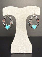 Load image into Gallery viewer, Western Horseshoe Earrings with Faux Turquoise Heart.
