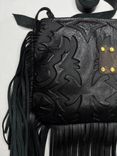 Load image into Gallery viewer, Maxine Upcycled Damask Pattern Crossbody Bag with Fringe in Black - Keep It Gypsy