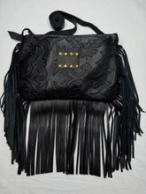 Load image into Gallery viewer, Maxine Upcycled Damask Pattern Crossbody Bag with Fringe in Black - Keep It Gypsy