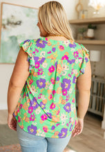 Load image into Gallery viewer, Lizzy Flutter Sleeve Top in Emerald and Purple Floral