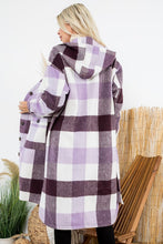 Load image into Gallery viewer, Purple Plum and Ivory Long Plaid Coat with Hood