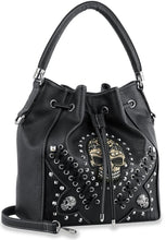 Load image into Gallery viewer, Skull Accented Drawstring Hobo Handbag