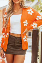 Load image into Gallery viewer, Orange Floral Print Knitted Open Front Loose Cardigan