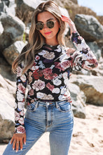 Load image into Gallery viewer, Pink Mesh Floral Print Mock Neck Long Sleeve Slim Top