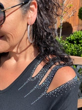 Load image into Gallery viewer, Black Top with Laser Cuts and Bling Shoulders by Vocal Apparel - Women's