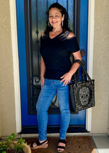 Load image into Gallery viewer, Black Top with Laser Cuts and Bling Shoulders by Vocal Apparel - Women's
