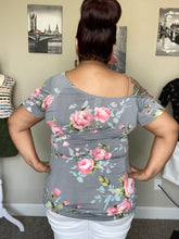 Load image into Gallery viewer, Gray Flower Top With Crisscross Shoulder - Women's