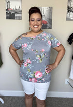Load image into Gallery viewer, Gray Flower Top With Crisscross Shoulder - Women's