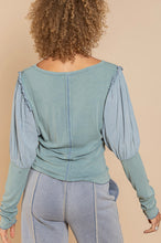 Load image into Gallery viewer, Spruce Blue V-Neckline Ribbed Top with Puff Sleeves by POL Clothing