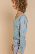 Load image into Gallery viewer, Spruce Blue V-Neckline Ribbed Top with Puff Sleeves by POL Clothing