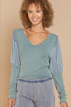 Load image into Gallery viewer, Spruce Blue V-Neckline Ribbed Top with Puff Sleeves by POL Clothing