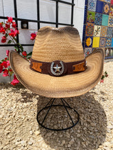 Load image into Gallery viewer, Straw Cowboy Hat with Rhinestone Horseshoe