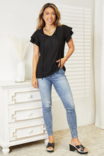 Load image into Gallery viewer, Double Take Eyelet Tie-Neck Flutter Sleeve Blouse