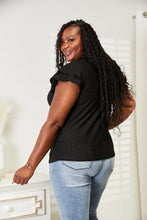 Load image into Gallery viewer, Double Take Eyelet Tie-Neck Flutter Sleeve Blouse