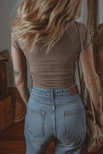 Load image into Gallery viewer, Dark Brown Lace Splicing Criss Cross Slim Fit V Neck T Shirt
