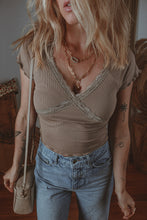 Load image into Gallery viewer, Dark Brown Lace Splicing Criss Cross Slim Fit V Neck T Shirt
