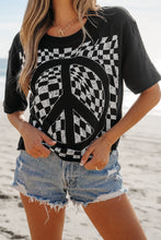 Load image into Gallery viewer, Black Checkerboard Peace Sign Printed Round Neck T Shirt
