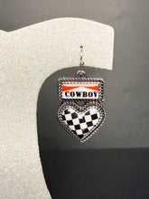 Load image into Gallery viewer, Black and White Checker Heart Earrings with Cowboy Logo
