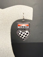 Black and White Checker Heart Earrings with Cowboy Logo