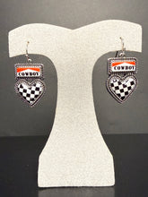 Load image into Gallery viewer, Black and White Checker Heart Earrings with Cowboy Logo
