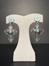 Load image into Gallery viewer, Rustic Detailed Cross Earrings with Faux Turquoise
