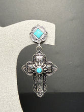 Load image into Gallery viewer, Rustic Detailed Cross Earrings with Faux Turquoise

