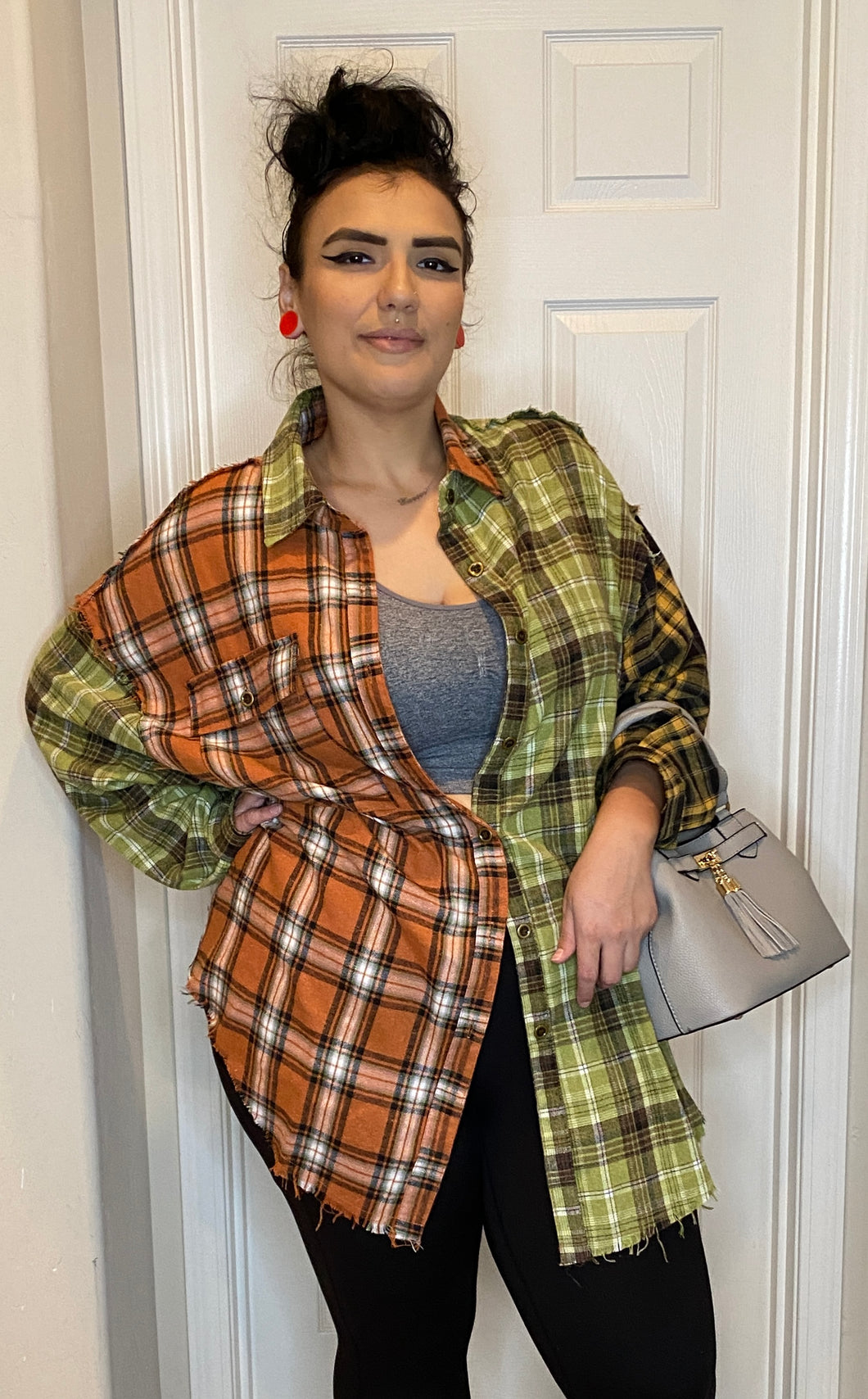 POL Oversized Button Up Shirt in Olive and Orange