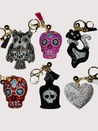 Rhinestone Puffy Keychains - Owl, Pink/Red Skull, Cat