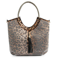 Maxine Rhinestone And Tassel Tote with Leopard Print