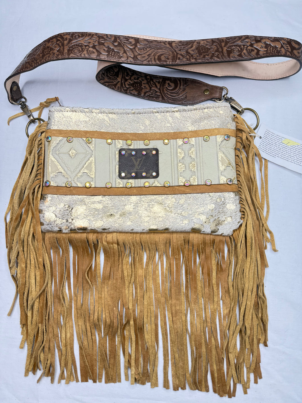 Maxine Upcycled Crossbody Leather Bag with Crystal Rivets and Fringe - Keep It Gypsy