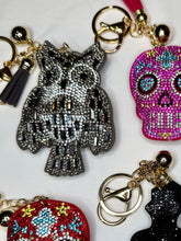 Load image into Gallery viewer, Rhinestone Puffy Keychains - Owl, Pink/Red Skull, Cat
