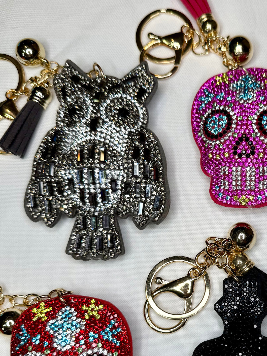 Rhinestone Puffy Keychains - Owl, Pink/Red Skull, Cat