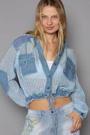 POL See Through Button Down Hoodie Top- Baby Blue, Women's
