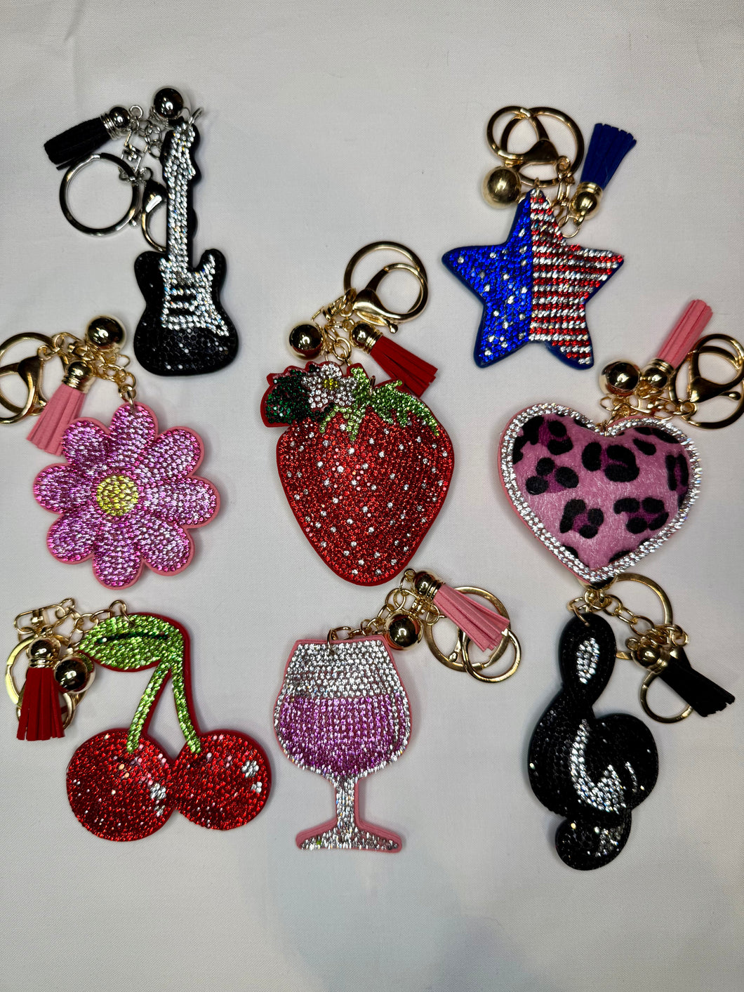 Rhinestone Puffy Keychains - Strawberry, Cherry, American Star