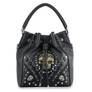 Skull Accented Drawstring Hobo Handbag