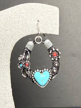 Load image into Gallery viewer, Western Horseshoe Earrings with Faux Turquoise Heart.
