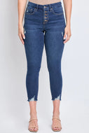 Button Fly Distressed Ankle Jeans with Tummy Control by YMI - Dark Wash, Women's