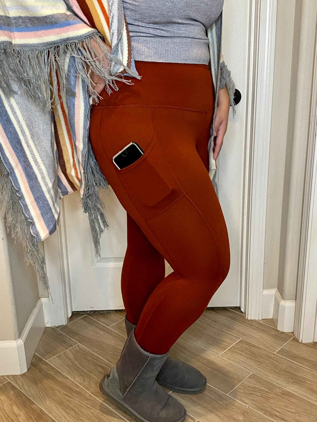 Zenana Wide Waistband Leggings with Pockets Curvy - DK. RUST