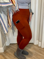 Zenana Wide Waistband Leggings with Pockets Curvy - DK. RUST