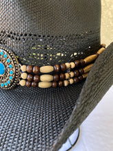 Load image into Gallery viewer, Cowboy Hat with Turquoise Concho and Wood Bead Headband
