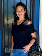 Black Top with Laser Cuts and Bling Shoulders by Vocal Apparel - Women's