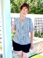 White Top with Black Flecks and Crisscross Detail - Curvy